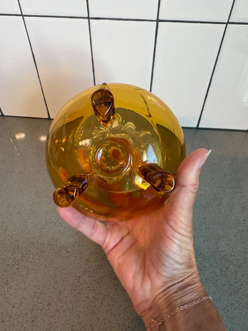 Viking MCM “Flowerlite” flower bowl with frog - with feet - amber color